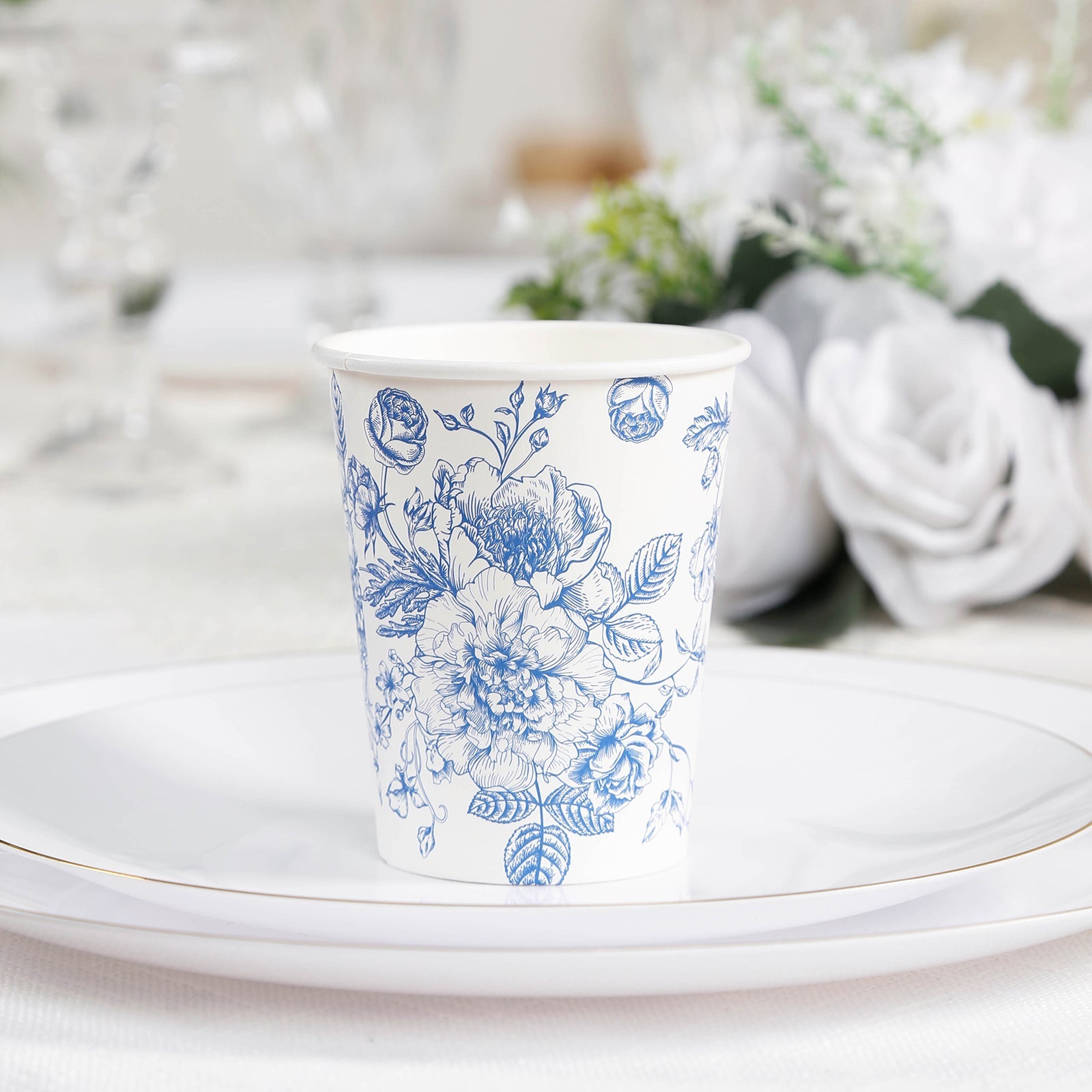 50-Pack Paper Cups 9oz White with Blue French Toile Print - Chic Disposable Floral Party Cups for Hot & Cold Beverages